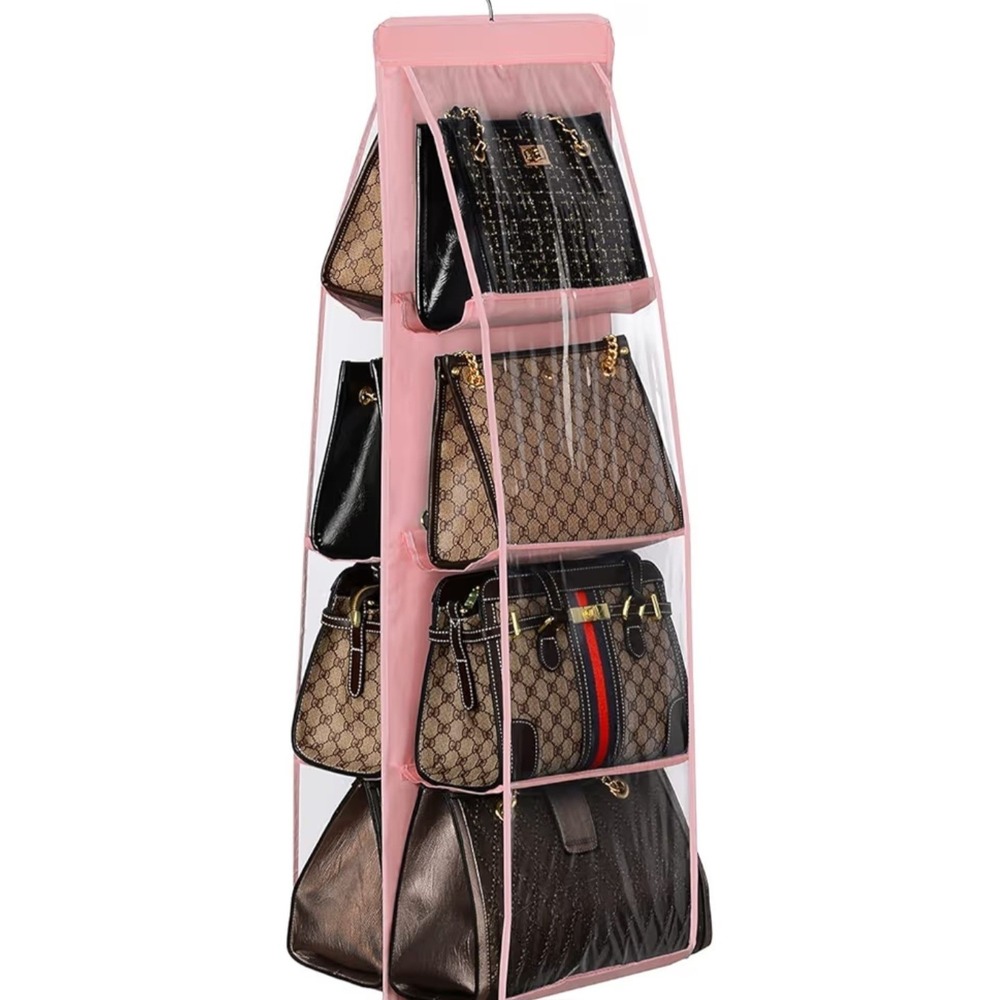 NEW Lirex 8 Pocket Satin Handbag Hanging Purse Organizer for Closet Pink